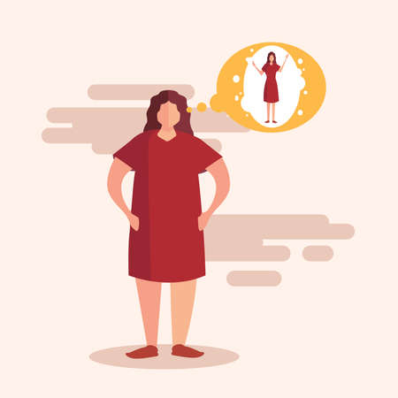 Obesity vector concept with fat female figure thinking & wishing for thinner body in pink backgroundのイラスト素材
