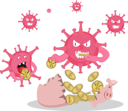Coronavirus vector concept with red virus monsters eating the golden coins gluttonously in the white backgroundのイラスト素材