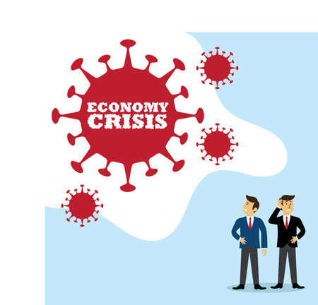 Covid-19 economy crisis vector concept with male figures wearing suits while feeling terrified of the big coming red viruses, in white background with blue shadesのイラスト素材