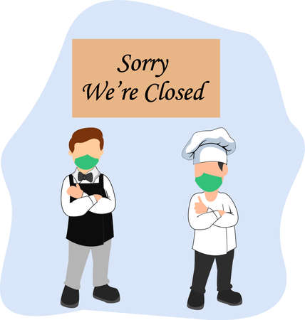Covid-19 social distancing vector concept with waiter and chef posing and standing under the closed signboard; in the white background with blue shadesのイラスト素材