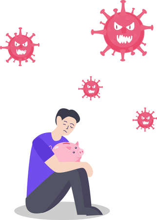 Coronavirus vector concept with male figure keeping his piggy bank while the red virus germs lurking & flying in the white backgroundのイラスト素材