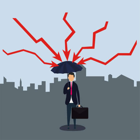 Financial protection vector concept with male figure wearing black suit & holding a briefcase while opening his umbrella for protection from red arrows in the city with violet skyのイラスト素材