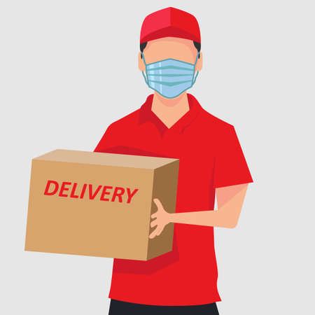 Delivery man vector portrait concept with man wearing red delivery uniform, while holding a delivery package box in the white backgroundのイラスト素材