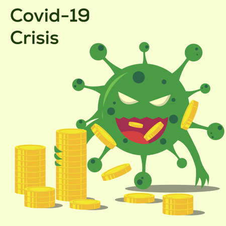 Covid-19 crisis vector concept with green virus monster eating the golden coins in the green backgroundのイラスト素材