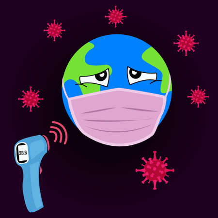 Coronavirus vector concept with an earth wearing a face mask while its temperature being scanned; in the black background with flying red virus germsのイラスト素材