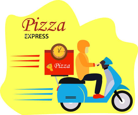 Pizza express vector concept with a figure wearing pizza delivery uniform while riding its express scooter quickly in the white & yellow backgroundのイラスト素材