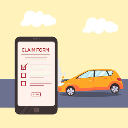 Vehicles accident insurance claim vector concept, with yellow sedan crashing into the big smartphone projecting Claim Form document on the road in orange backgroundのイラスト素材