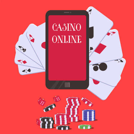 Online gambling vector concept with smartphone screen projecting Casino Online text on stack of cards, near the pile of chips, in red backgroundのイラスト素材