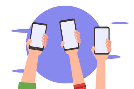 Smartphone vector concept with unidentified hands holding smartphones, in the white backgroundのイラスト素材