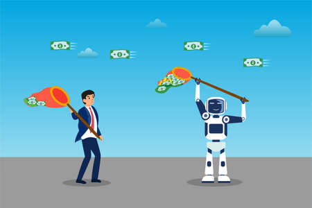 Artificial Intelligence robot vector concept: Businessman and robot competing to catch moneyのイラスト素材