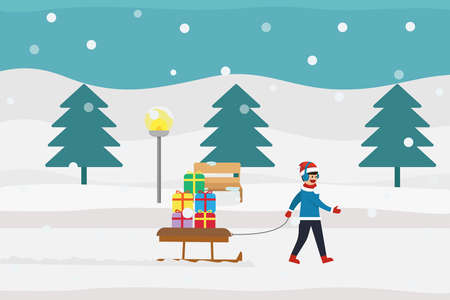 Merry christmas vector concept: Little boy pulling many gifts on the sleigh while wearing hat and glovesのイラスト素材