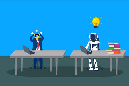Artificial Intelligence robot vector concept: Confused businessman competing with artificial...