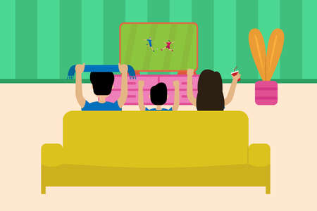 Football match vector concept: Young parents and little boy watching football match on television while sitting on the sofaのイラスト素材