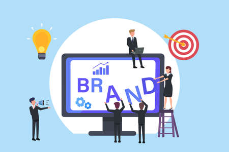 Branding vector concept: Business team working together to arrange brand text on the monitorのイラスト素材