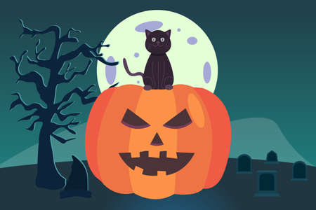 Halloween vector concept: Scary pumpkin and black cat on the graveyard at nightのイラスト素材