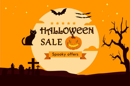 Halloween sale vector concept: Halloween sale text with spooky offers, pumpkin, and cat at graveyardのイラスト素材
