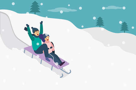 Winter vector concept: Happy couple playing a sledding together and sliding down on the snow hill in winter timeのイラスト素材