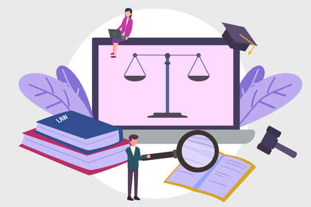 Legal education vector concept: Young woman and man studying about law while using laptop and book