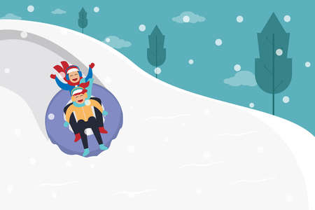Winter vector concept: Cheerful kids sliding with rubber tubing down snow hill in winterのイラスト素材