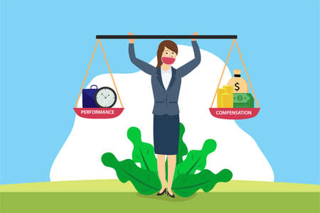 Compensation vector concept: Businesswoman holding scales between a clock with performance text and money with compensation textのイラスト素材