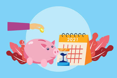 Financial management vector concept: Hands saving money in a piggy bank with hourglass and calendar of 2021 backgroundのイラスト素材