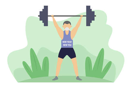 New year vector concept: Young man lifting dumbbell while wearing protection mask with new year new you textのイラスト素材