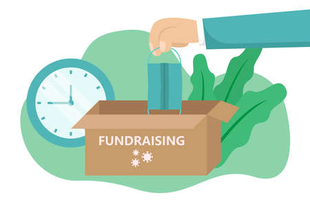 Fundraising vector concept: Hand of people giving facemask for fundraising on the cardboardのイラスト素材