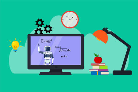 Artificial intelligence vector concept: Robot teaching math online on the monitor with books, apple, and lamp on deskのイラスト素材