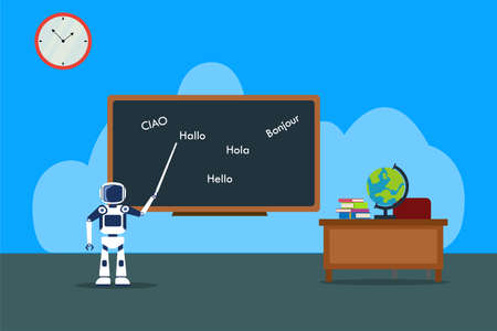 Artificial intelligence vector concept: Robot teaching foreign language in the classroomのイラスト素材
