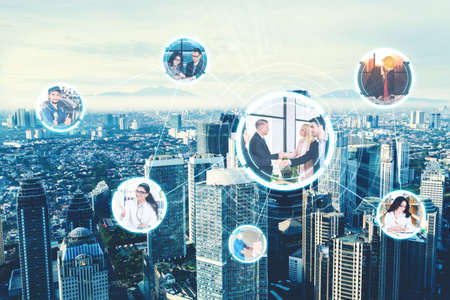 Aerial view of smart city with social network connection for online business in Jakarta cityの写真素材