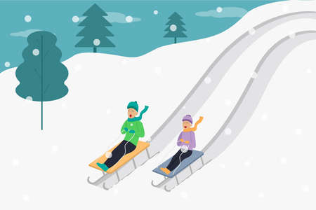 Winter holiday vector concept: Senior couple playing sledge together in the snowy hill while enjoying leisure timeのイラスト素材
