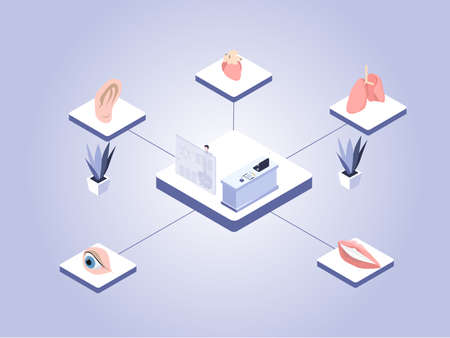 Healthcare and medical technology vector concept: doctor examining patience different body parts using virtual touch screenのイラスト素材