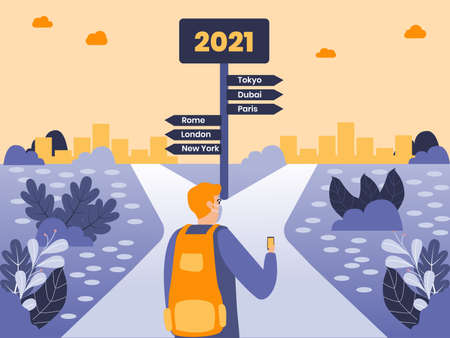 New Year Travel vector concept: Man in face mask carrying backpack for traveling while looking at...