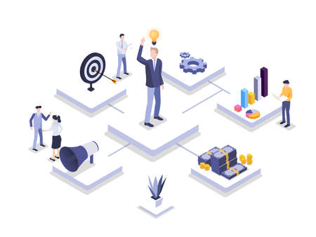 Business Idea vector concept: Isometric businessman with idea and his team working togetherのイラスト素材