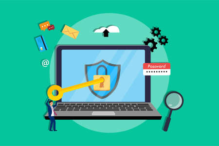 Cyber security vector concept: Businessman open the padlock with a key on the laptop screen