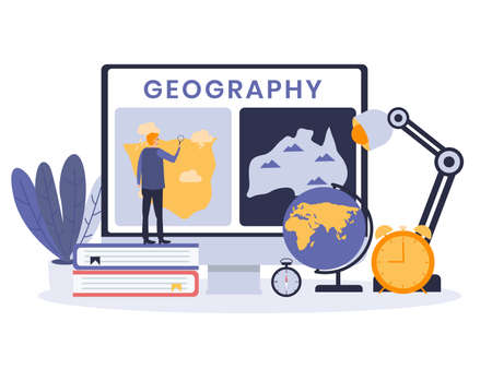 Geography vector concept: Male teacher looking at the geography map on the computer monitor while standing on the bookのイラスト素材
