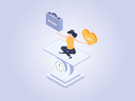 Work and life vector concept: Woman meditating on a scale balancing work and life