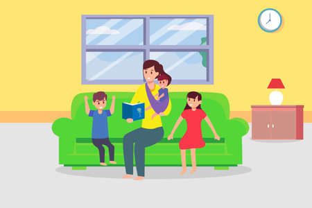 Single parent vector concept: Single mother reading story for her children while sitting on the sofa togetherのイラスト素材
