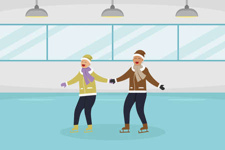 Winter holiday vector concept: Senior couple playing ice skating together while enjoying leisure...