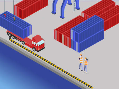 Cargo shipment vector concept: Workers unloading cargo containers ship on portのイラスト素材
