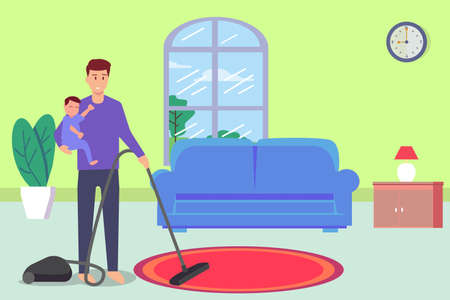 Single parent vector concept: Single father doing housekeeping at home while carrying his little sonのイラスト素材