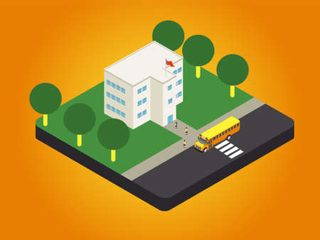 School building, bus and student 3D isometric vector concept can be used for web design, banner, hero image and Landing page design.のイラスト素材