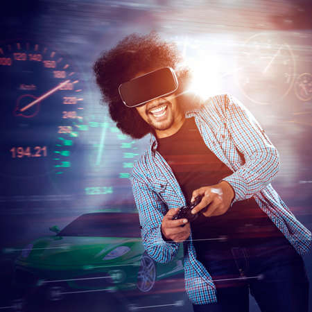 Double exposure of Afro man using virtual reality glasses and joystick for playing a racing game...