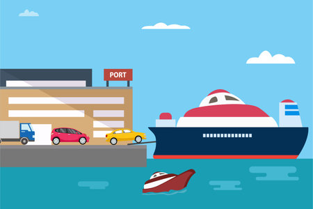 Port vector concept: Cars in queuing to enter the cruise shipのイラスト素材