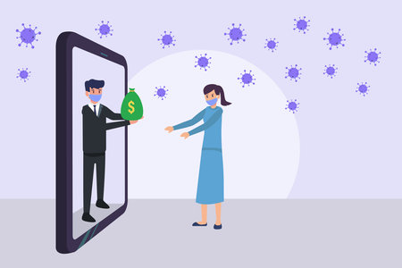 Coronavirus Donation vector concept: Businessman wearing face mask and giving money bag for donation to woman from a cellphone with coronavirus backgroundのイラスト素材