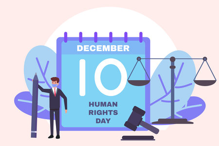 Human Right Day vector concept: Man in face mask with Human Right Day date reminder on the calendar, balance, and law hammerのイラスト素材