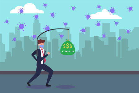 Stimulus vector concept: Businessman wearing face mask and running to chase money bag with stimulus text during coronavirus outbreakのイラスト素材