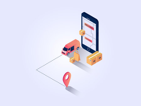 Online shopping van delivery with smartphone isometric vector flat 3D design conceptのイラスト素材