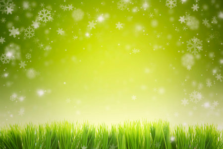 Image of beautiful snowflakes falling on the green background with copy spaceの写真素材