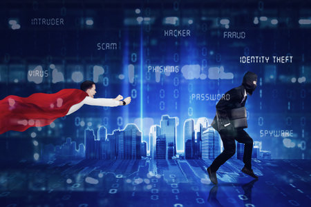Double exposure of male hacker trying to runaway from superhero while carrying a laptop with code binary backgroundの写真素材